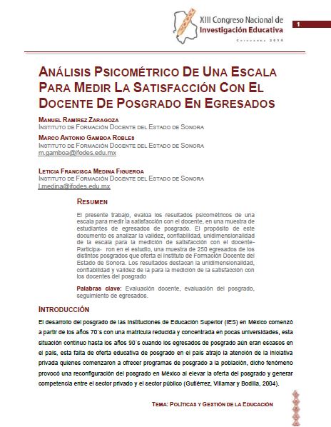 Análisis psicométrico de una escala para medir la satisfacción con el docente de posgrado en egresados